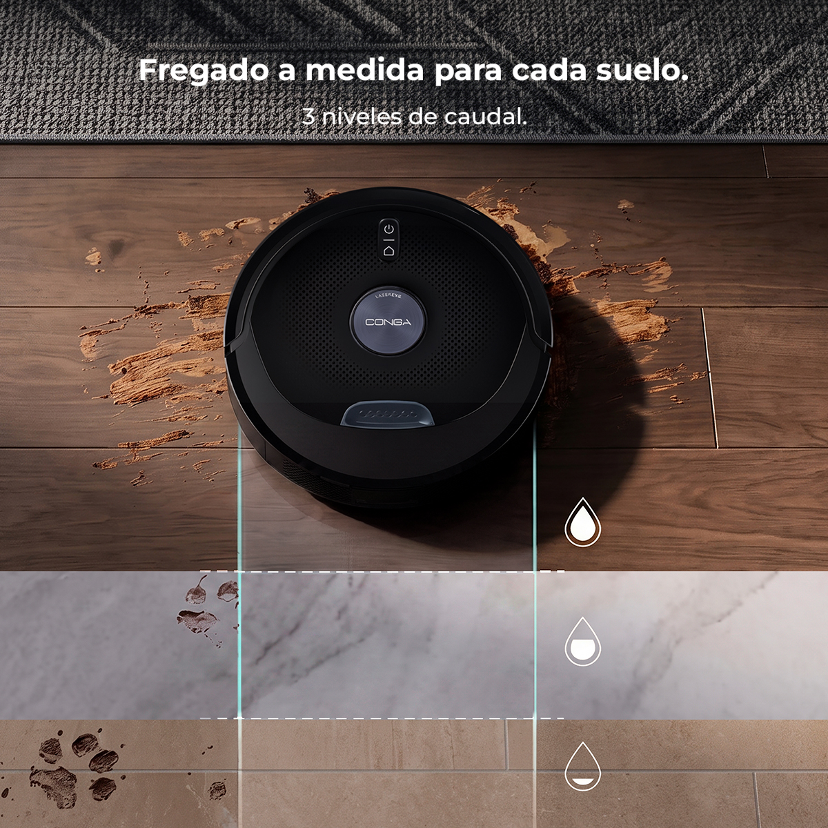Aspiradora robot negra limpiando suelo de madera sucio con tres niveles.