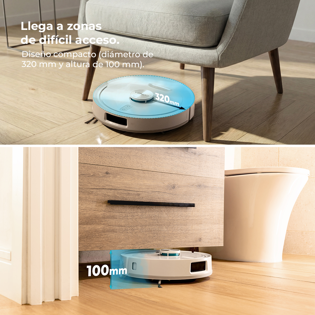 Un robot aspirador de 320mm bajo una silla. Otro robot aspirador está bajo un mueble.