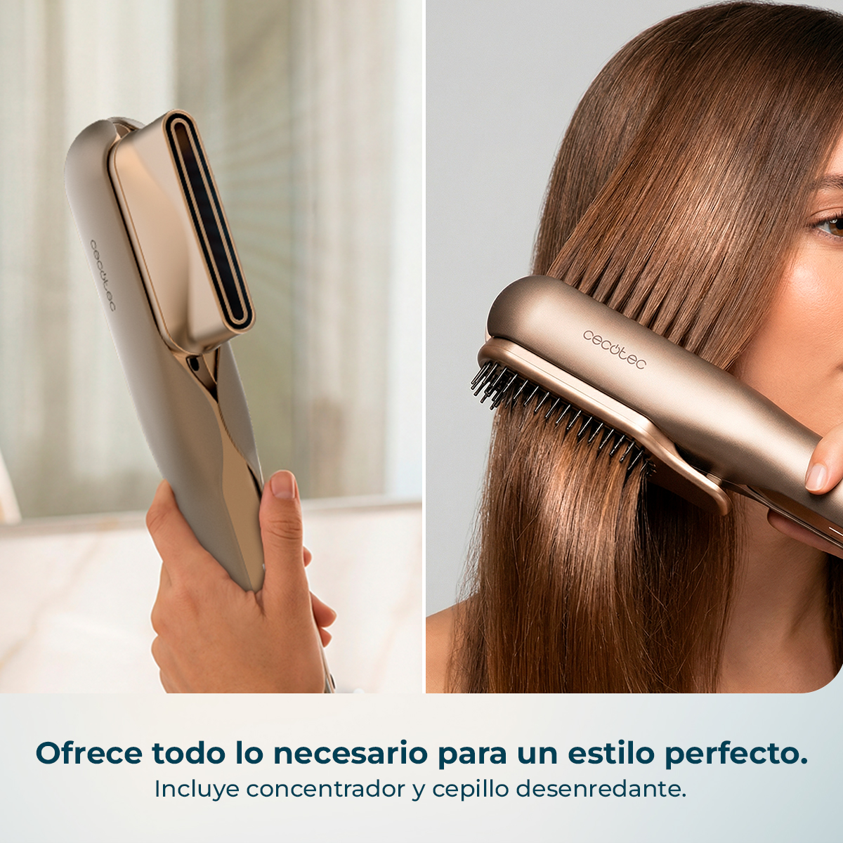 Plancha dorada para el pelo aplicándose en pelo castaño. Una parte muestra el dispositivo, la otra la aplicación.