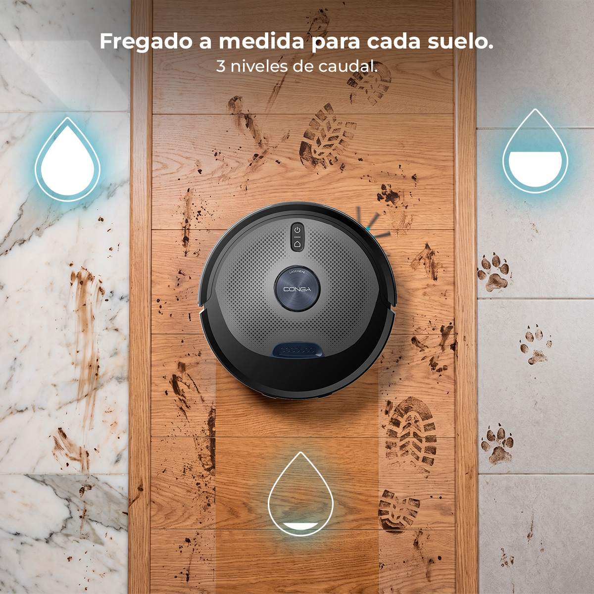 Un robot aspirador limpia un suelo de madera con suciedad y huellas. Tres niveles de agua.