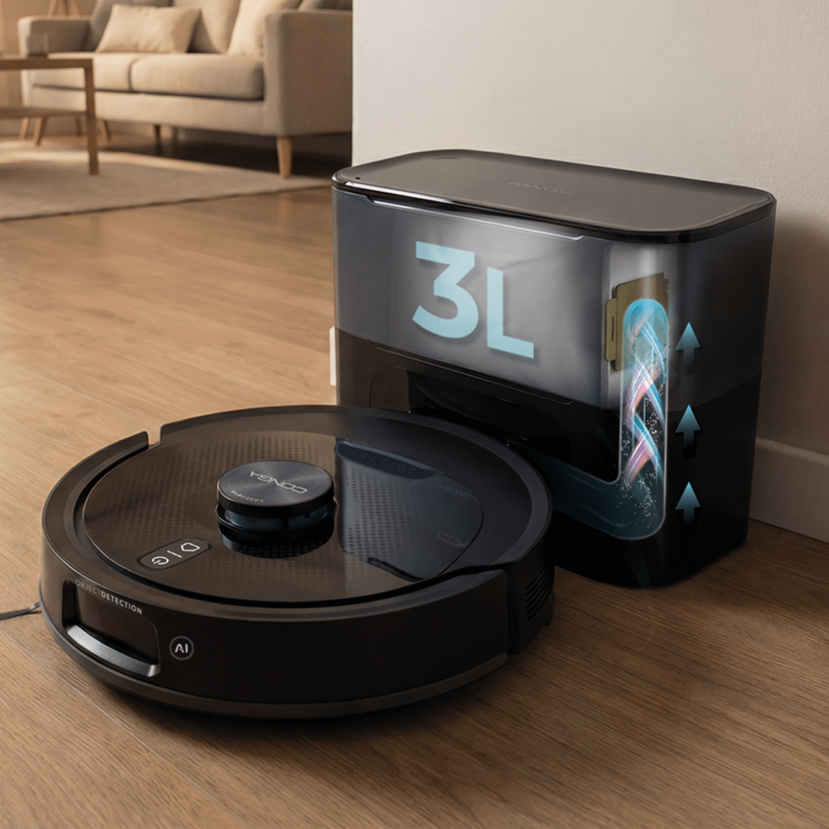 Un robot aspirador negro junto a una estación de carga de 3L.