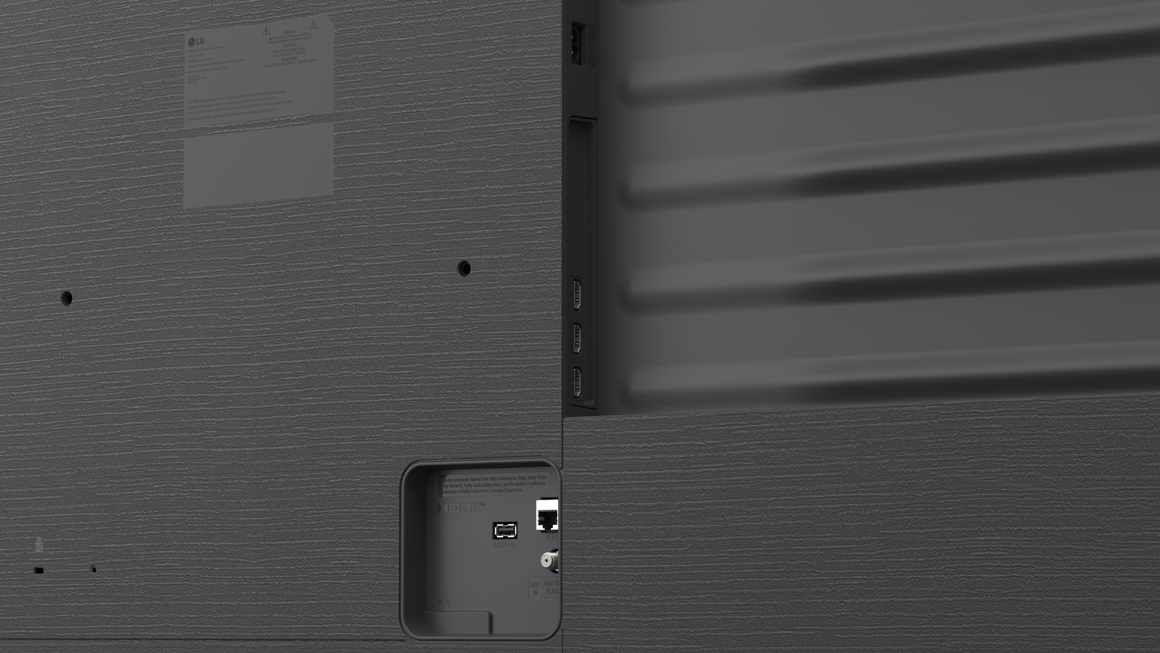 Rückseite eines Fernsehers mit Anschlüssen wie HDMI, USB und LAN.