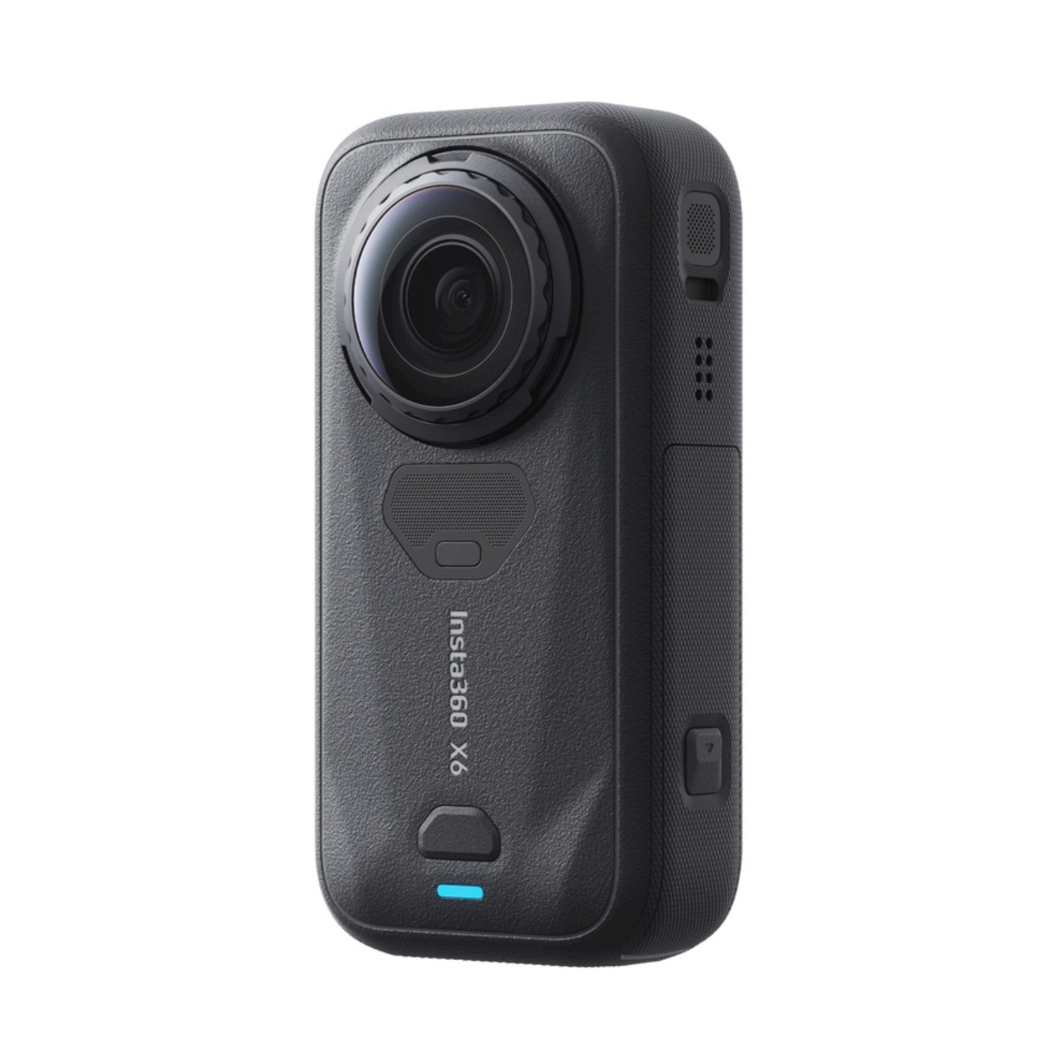 Fotocamera nera a 360 gradi con due obiettivi e una luce blu in basso.