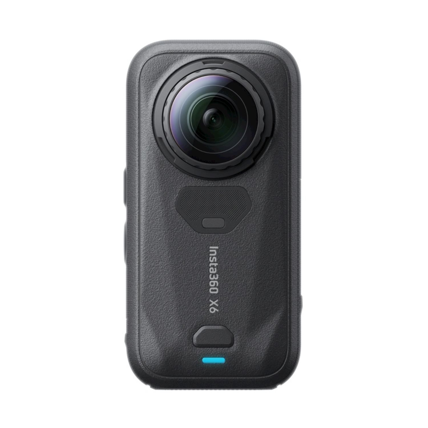 Una fotocamera Insta360 X6 nera con obiettivo grande e luce blu.
