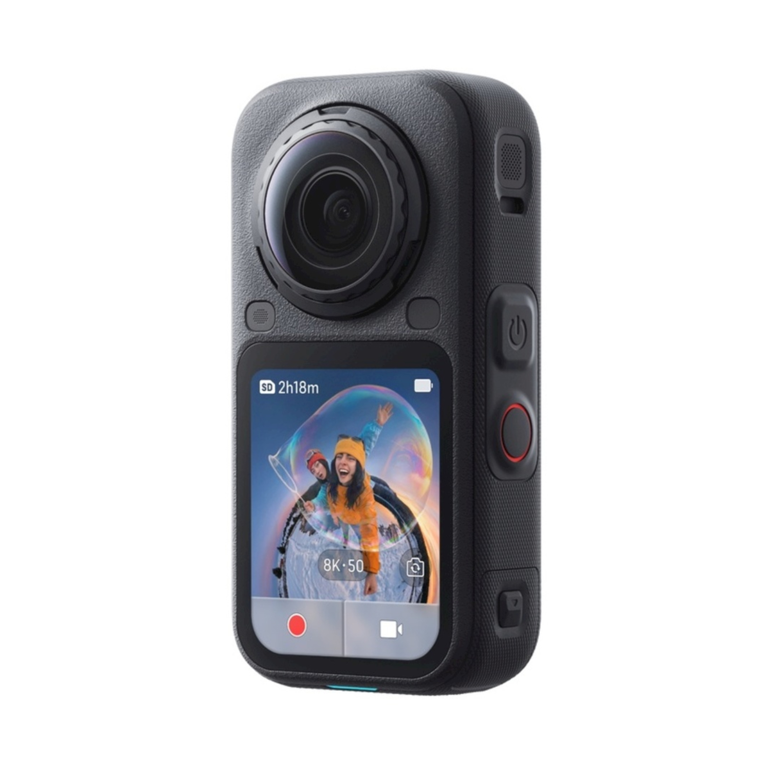 Action camera nera con obiettivo grande e touchscreen che mostra due persone.