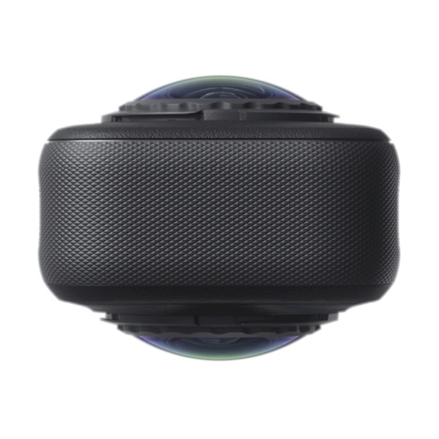 Una fotocamera nera a 360 gradi con due obiettivi si trova su sfondo bianco.