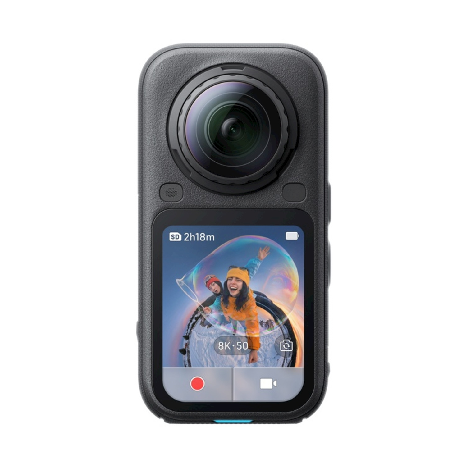 Telecamera 360 nera con schermo che mostra due persone che fanno bolle.