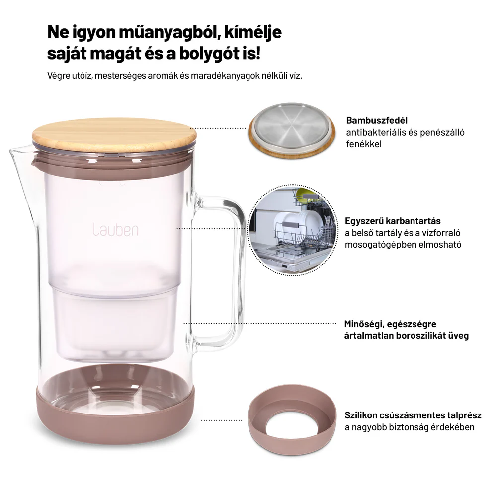 Üveg vízi karaffa bambusz fedéllel, részletes jellemzőkkel és mosogatógép jelzéssel.