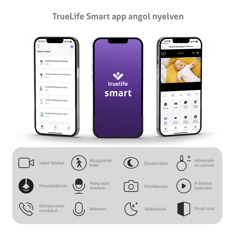 Három okostelefon TrueLife Smart appot mutat. Egyik eszközöket, másik logót, harmadik babakamert listáz.