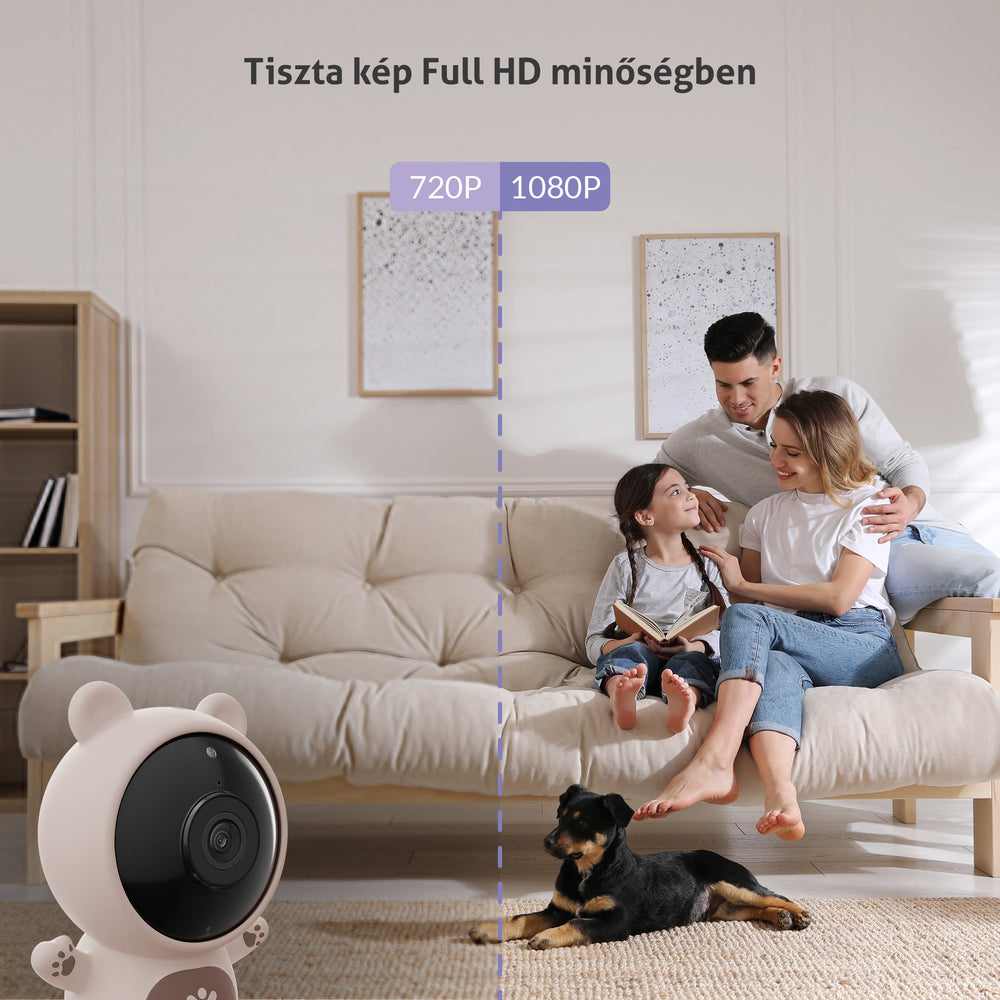 Család és kutya a nappaliban bébimonitorral, 720p vs 1080p.
