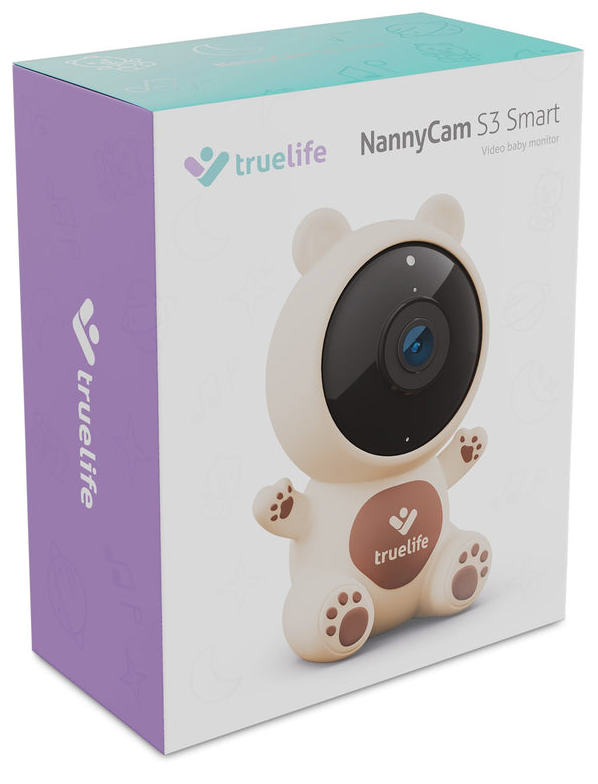 Medve alakú bébiőr doboza, 'truelife NannyCam S3 Smart' felirattal.