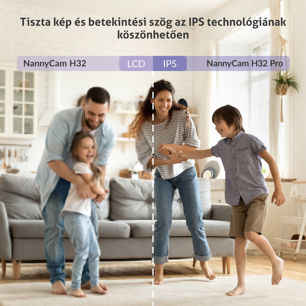 Család játszik a nappaliban, LCD vs IPS képminőség összehasonlítás.