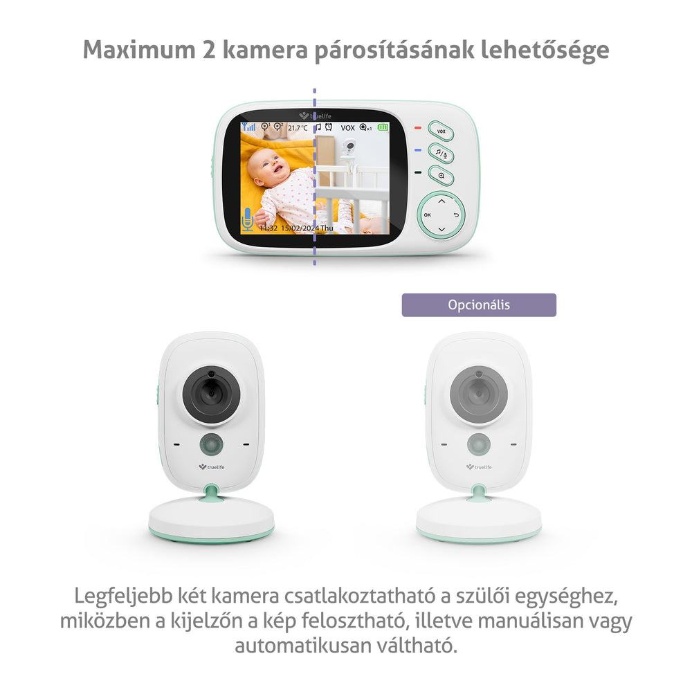 Egy bébiőr képernyője babát és két kamerát mutat. Szöveg: 'Max. 2 kamera'.