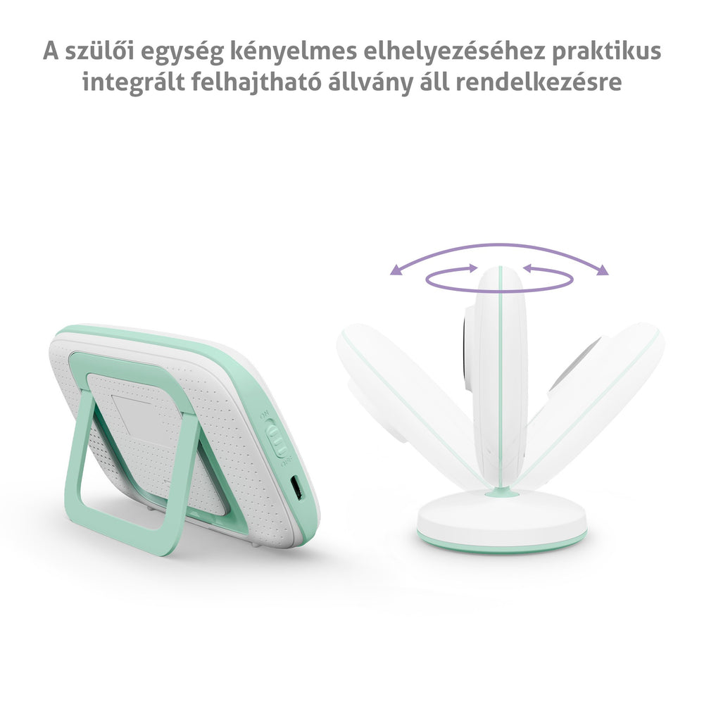 Fehér és zöld babamonitor integrált, állítható állvánnyal.