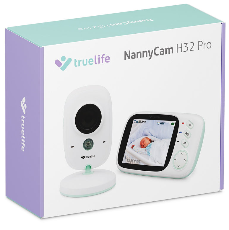 TrueLife NannyCam H32 Pro bébiőr csomagolása, kamerával és monitorral.