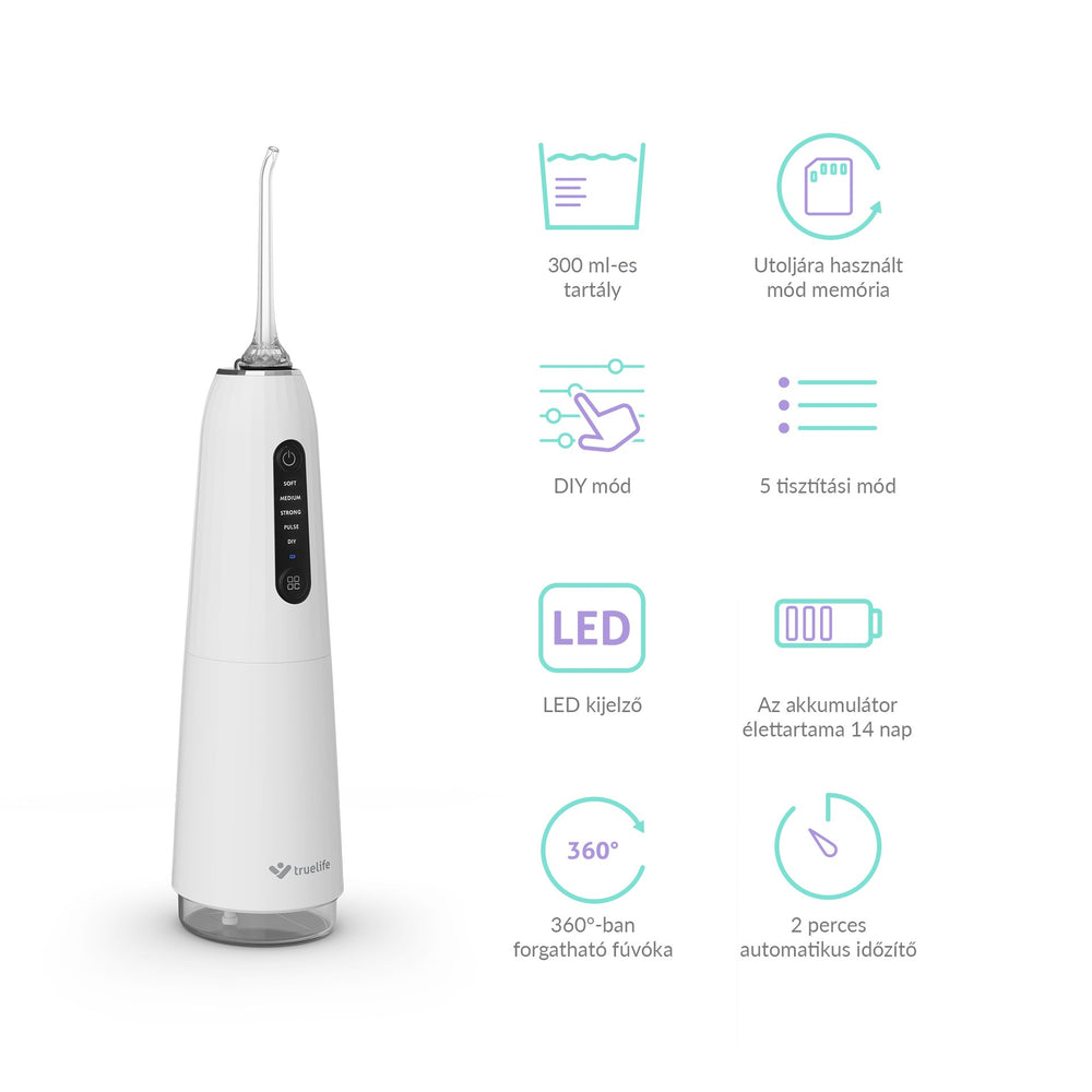 Fehér szájzuhany ikonokkal: 300ml tartály, DIY mód, LED, 360° fúvóka.