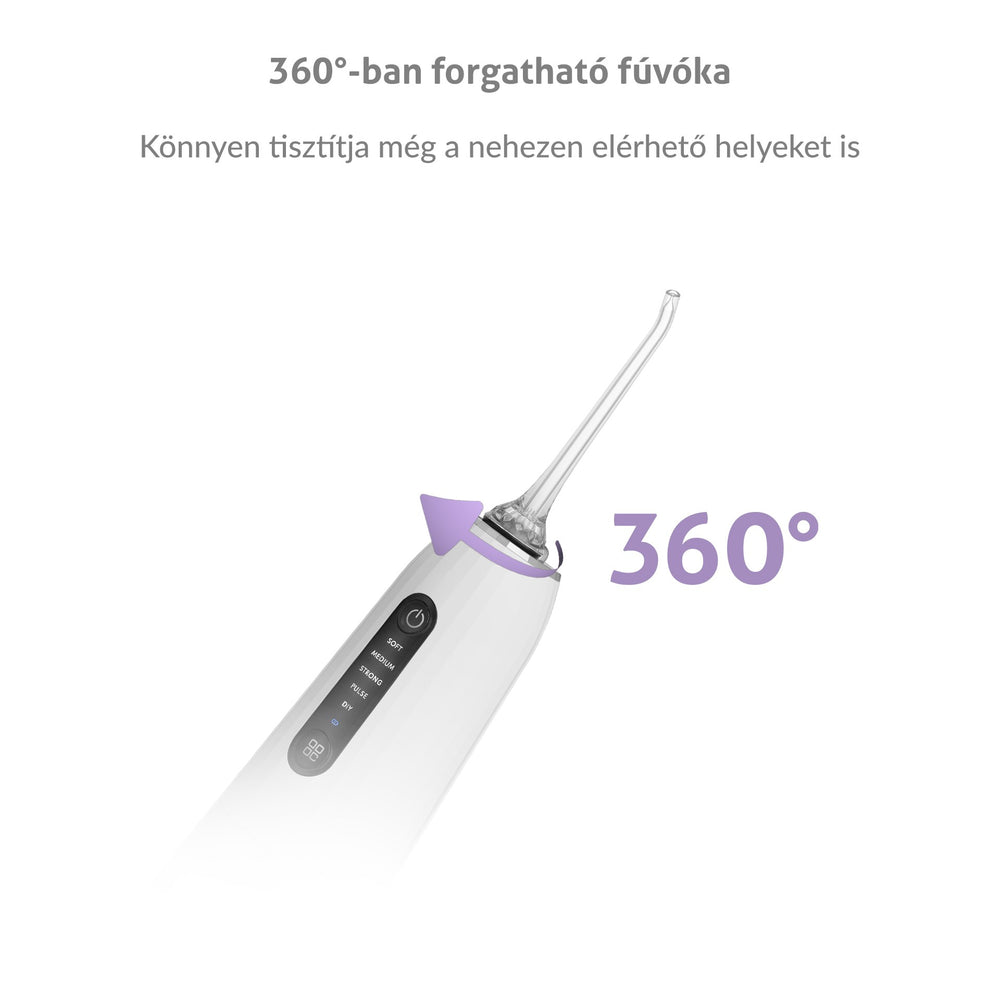 Fehér szájzuhany-fej, 360 fokban forgatható, többféle beállítással.