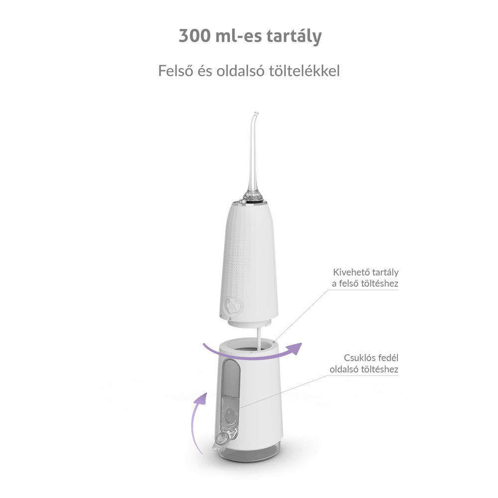Fehér vízi fogtisztító levehető tartállyal és oldalsó fedéllel.