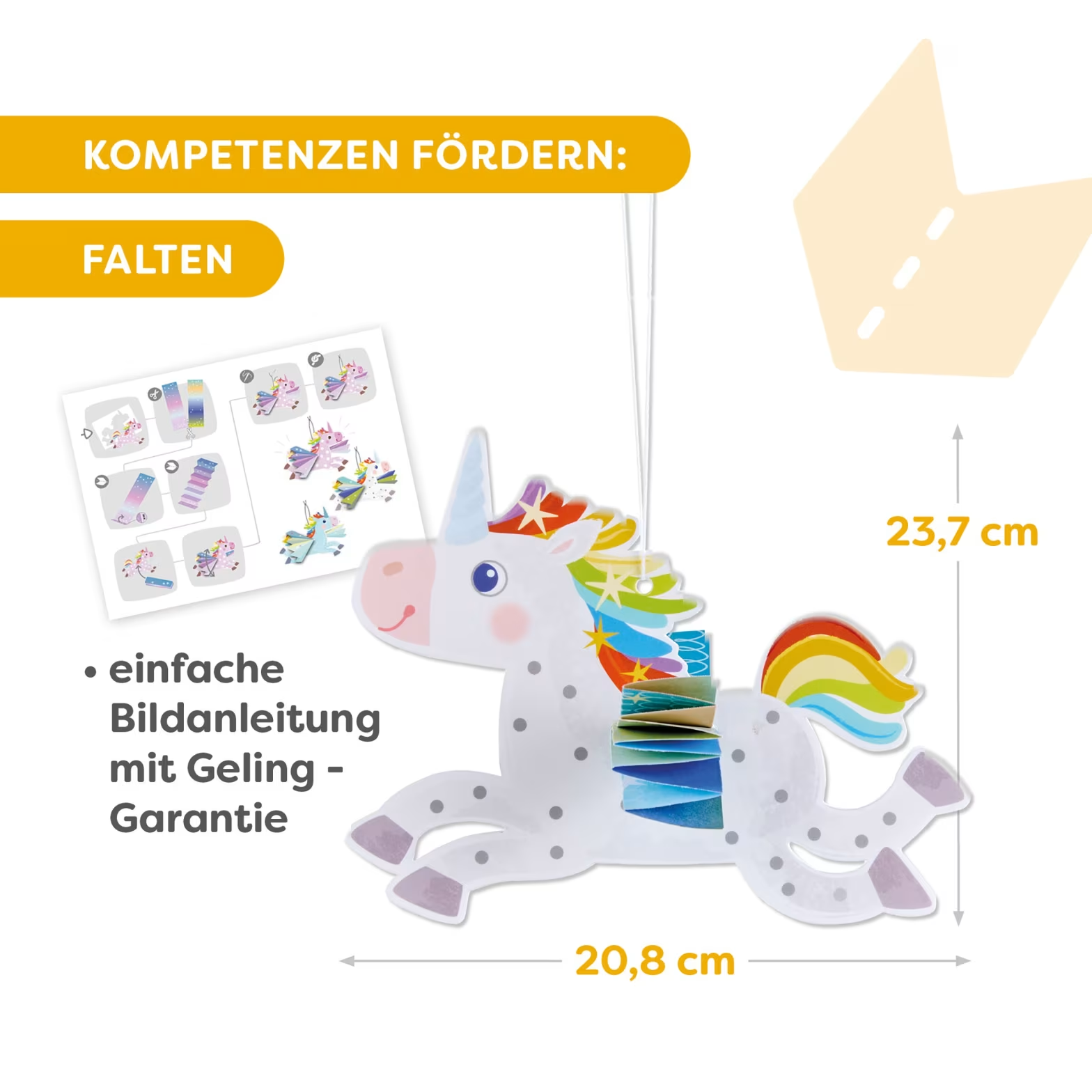 Összehajtható egyszarvú kézműves készlet útmutatóval, mérete 23,7 cm és 20,8 cm.