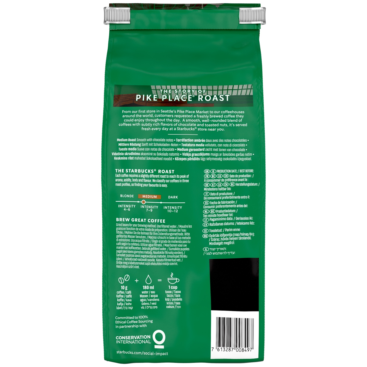 Green coffee bag with text about Pike Place Roast, roast level, and brewing instructions.
