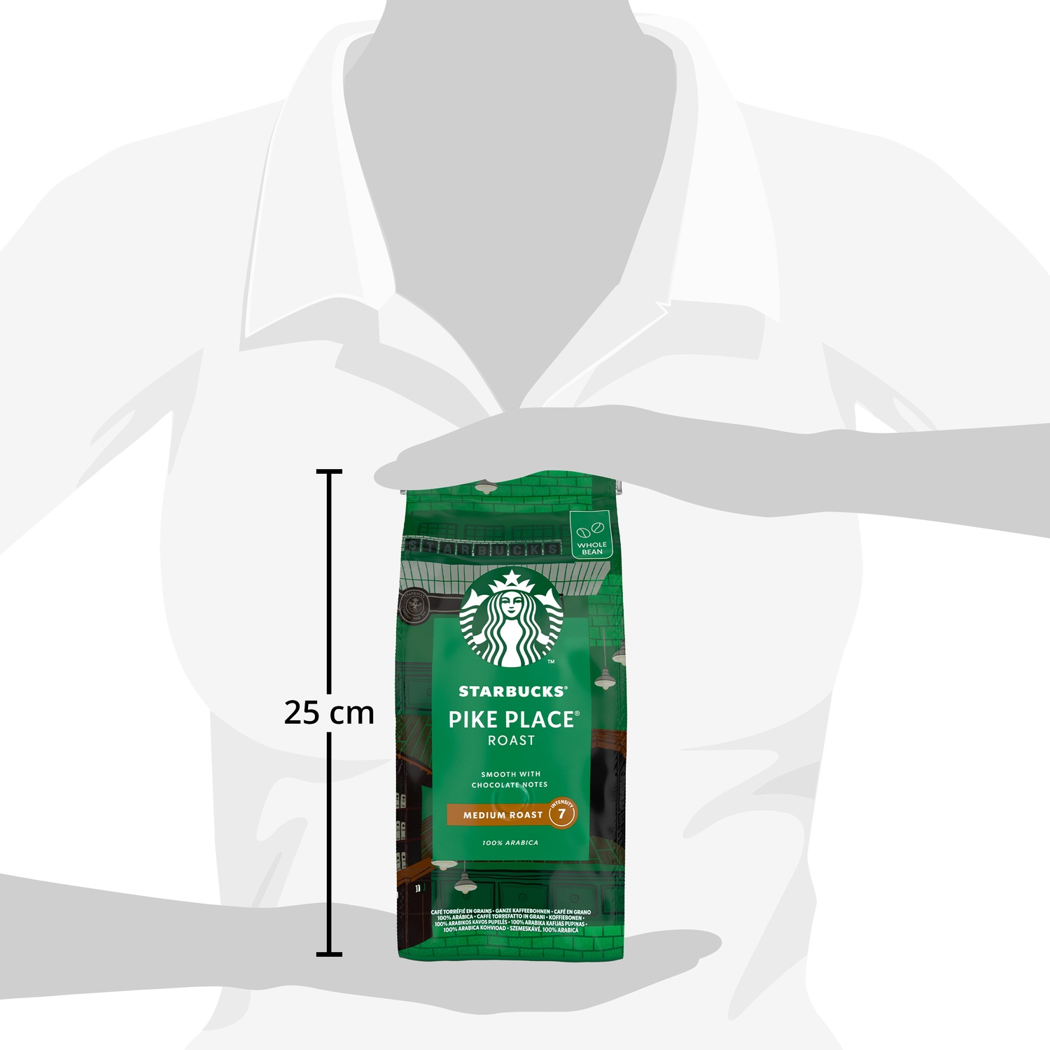 Starbucks Pike Place roast coffee, 25 cm tall, medium roast.