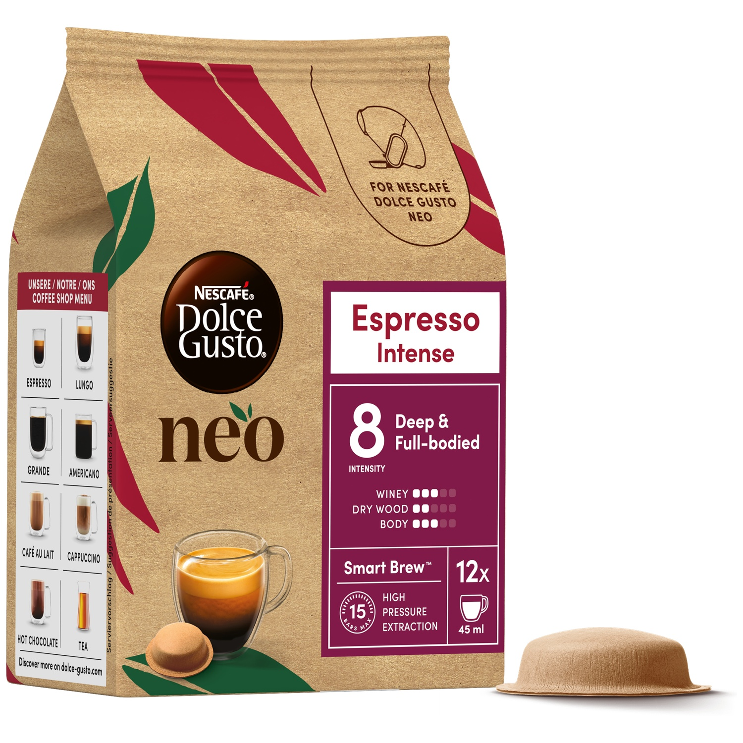 Nescafé Dolce Gusto Neo Espresso Intense pack, with coffee pod and cup.