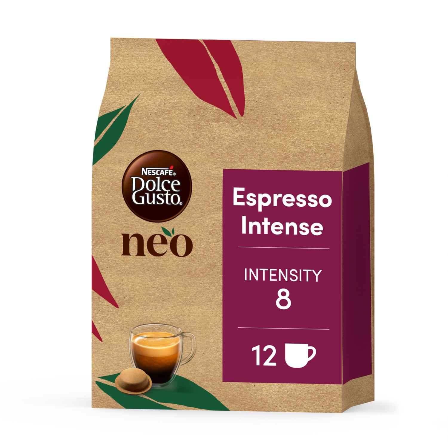 Nescafe Dolce Gusto Neo Espresso Intense coffee pods box, with a cup of espresso.
