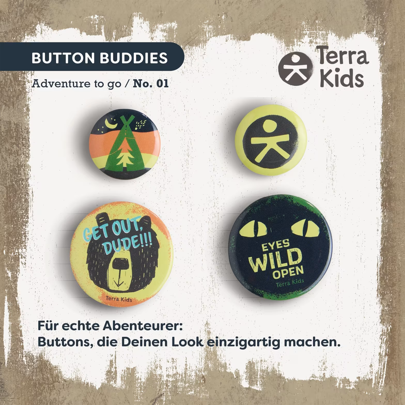 Négy gomb: tipi, Terra Kids logó, medve és "Eyes Wild Open".