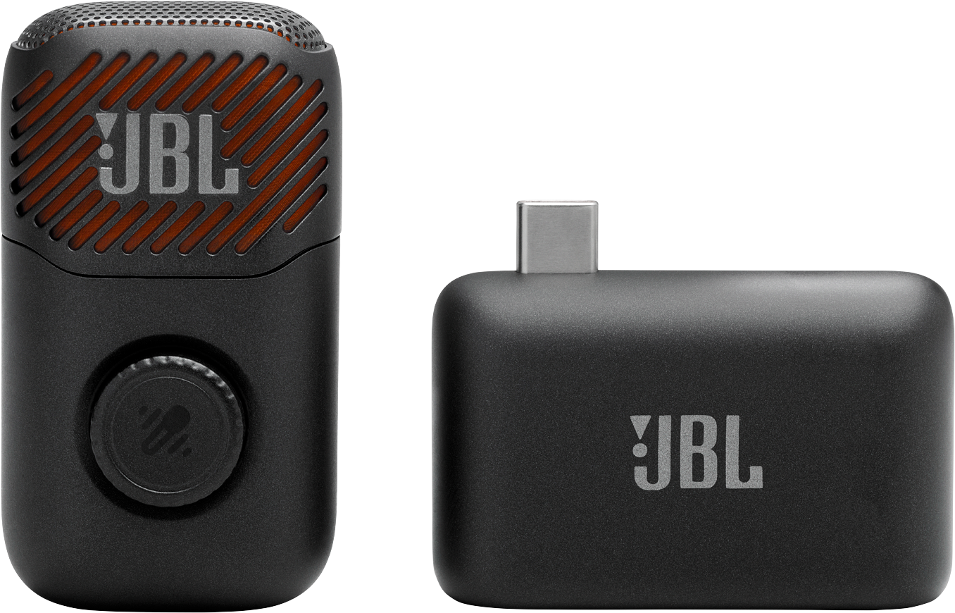 Deux appareils JBL noirs : un microphone et un émetteur USB-C.