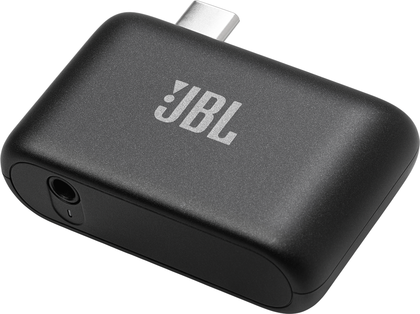Un adaptateur JBL USB-C noir avec une prise audio de 3,5 mm.