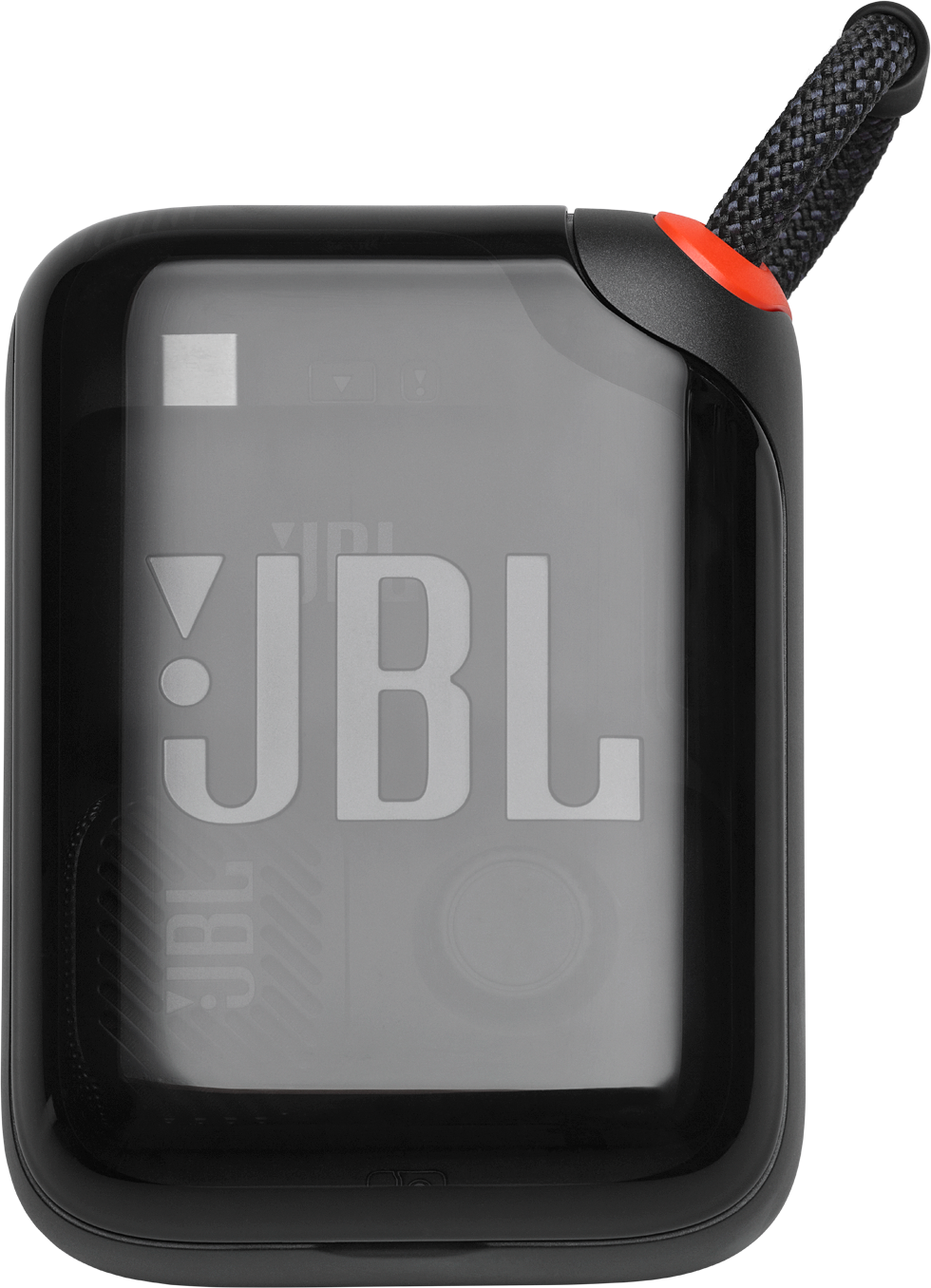 Une enceinte JBL noire avec une boucle de lanière et un accent rouge.