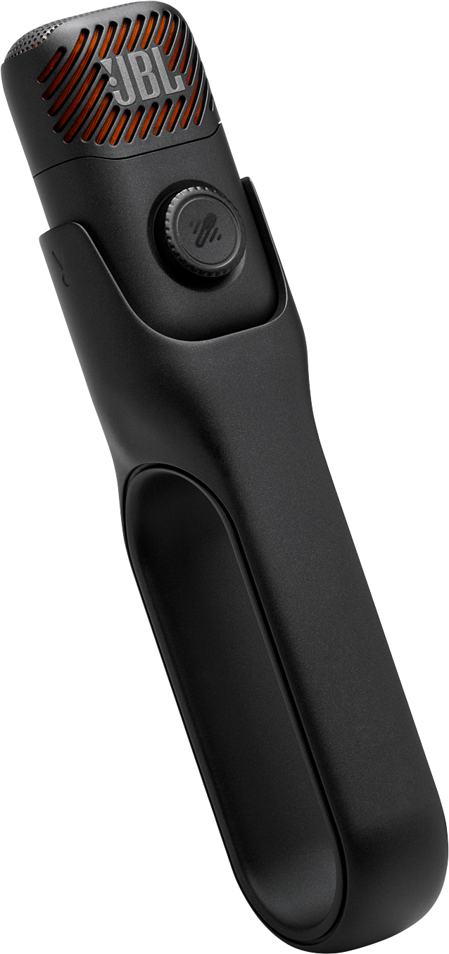 Microphone JBL noir avec accents orange et une molette de contrôle.