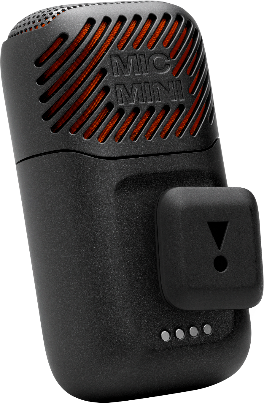 Mini microphone noir avec grille orange et clip.
