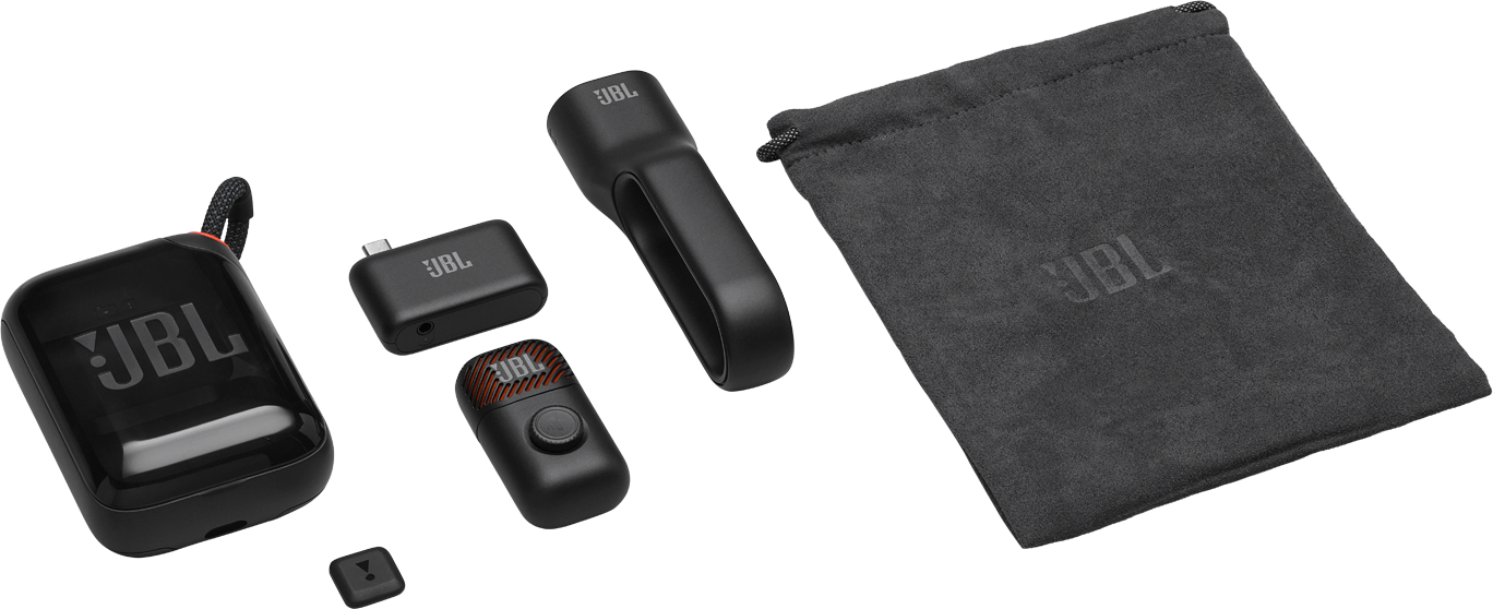 Accessoires JBL noirs : étui de chargement, dongle, unité de contrôle, sangle et pochette.