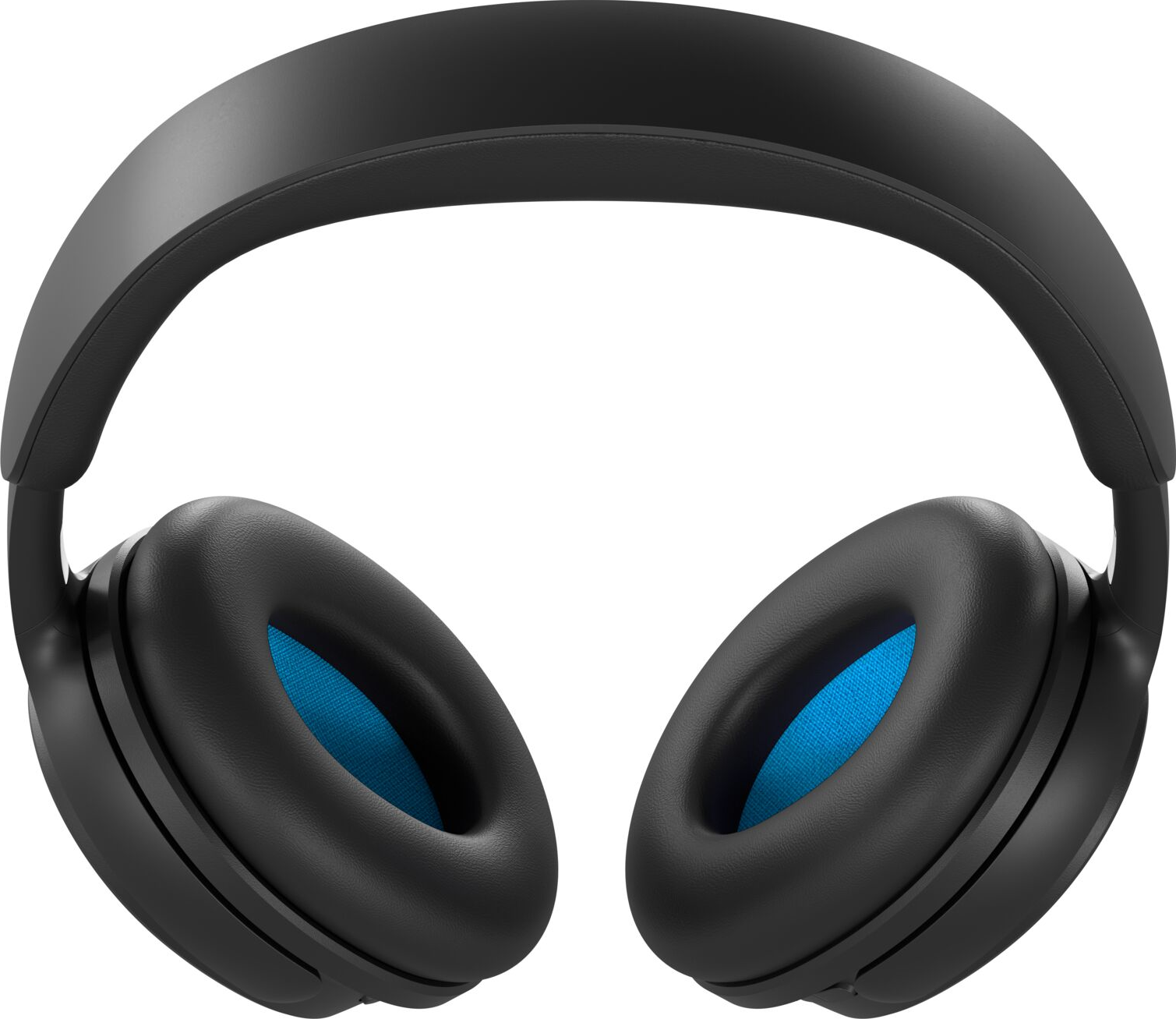 Schwarze Kopfhörer mit blauen Akzenten auf weißem Hintergrund.