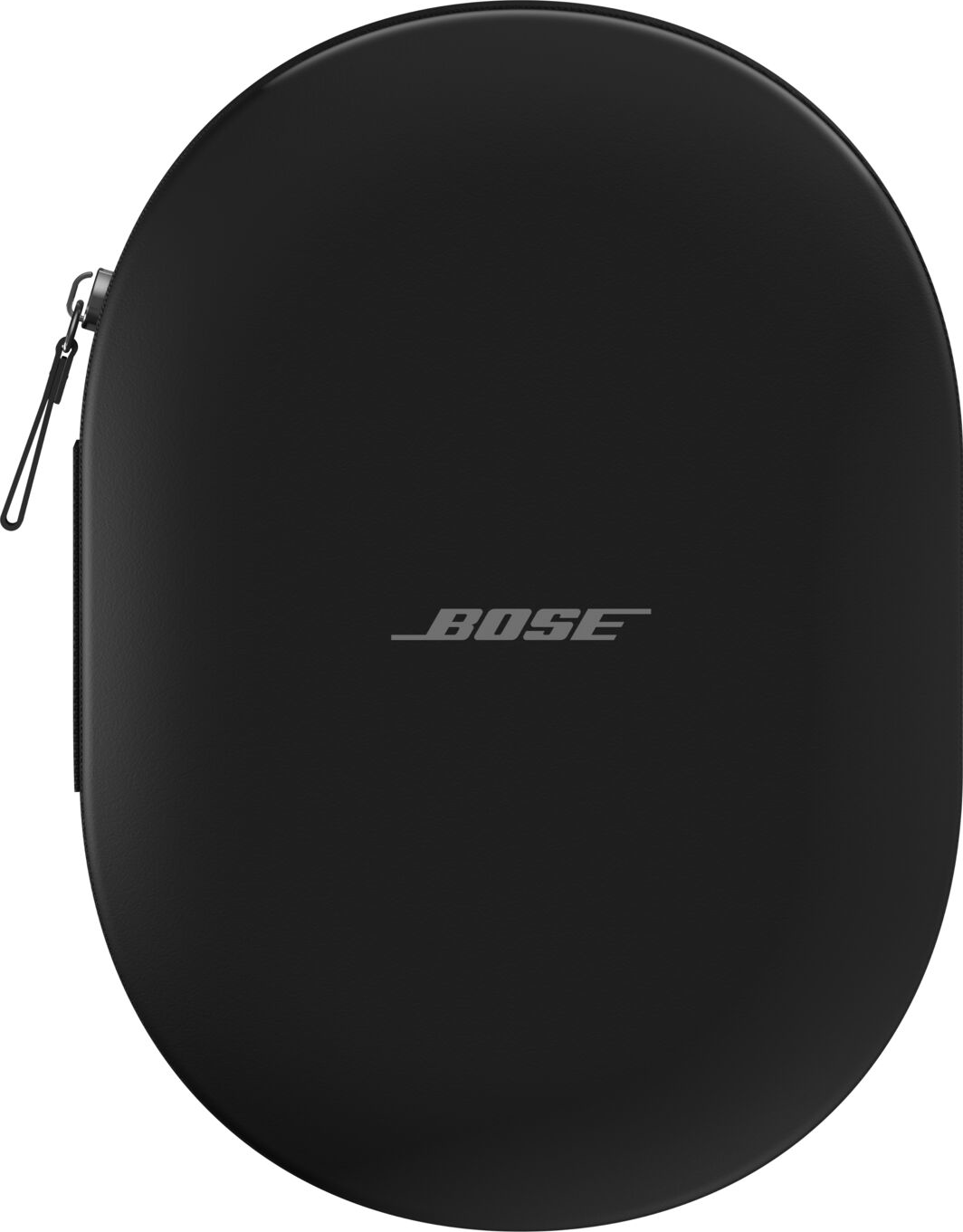 Schwarzes, ovalförmiges Bose-Etui mit Reißverschluss und Logo.