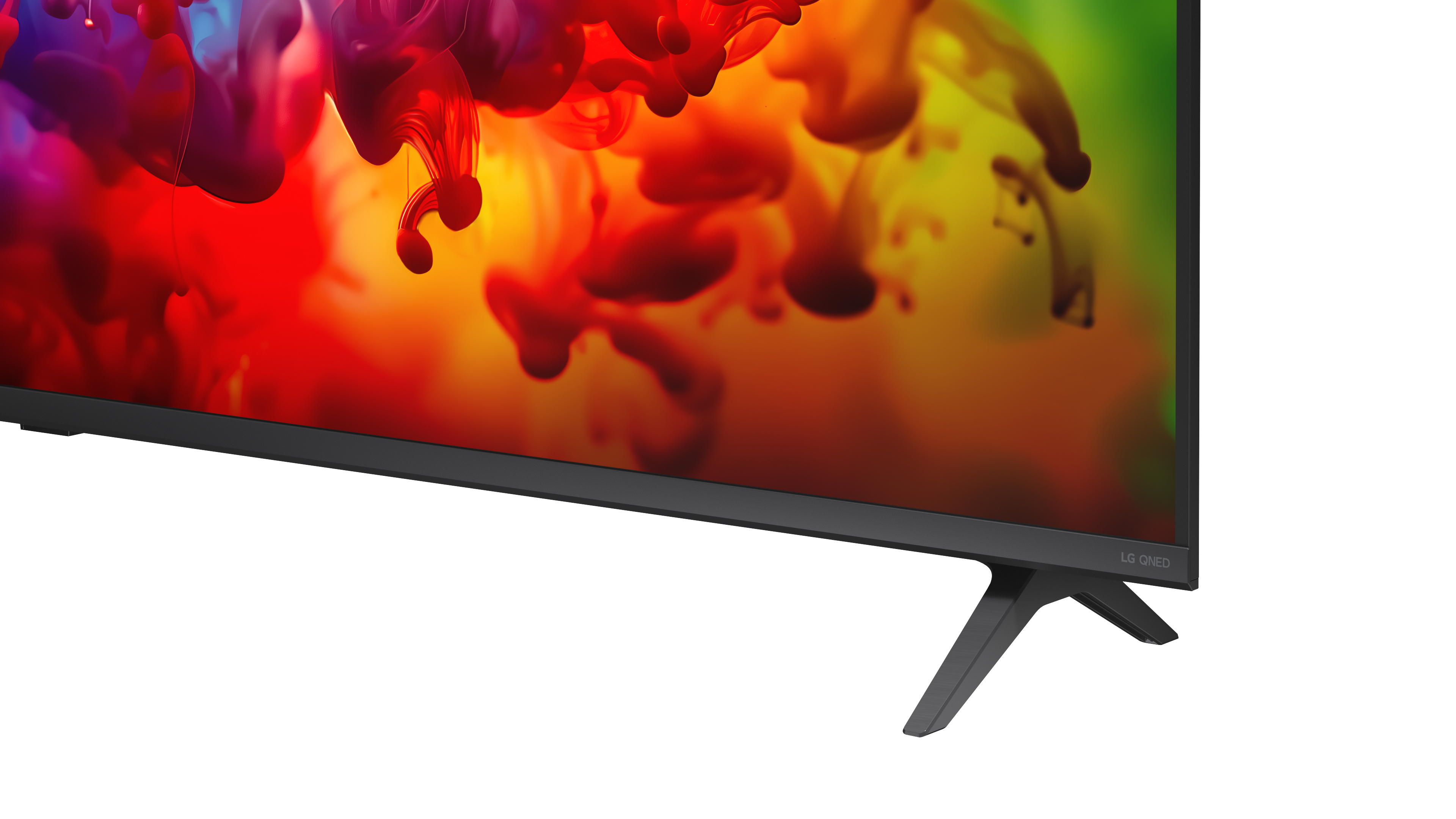 Ein LG QNED Fernseher mit einem bunten Hintergrund aus fließender Farbe.