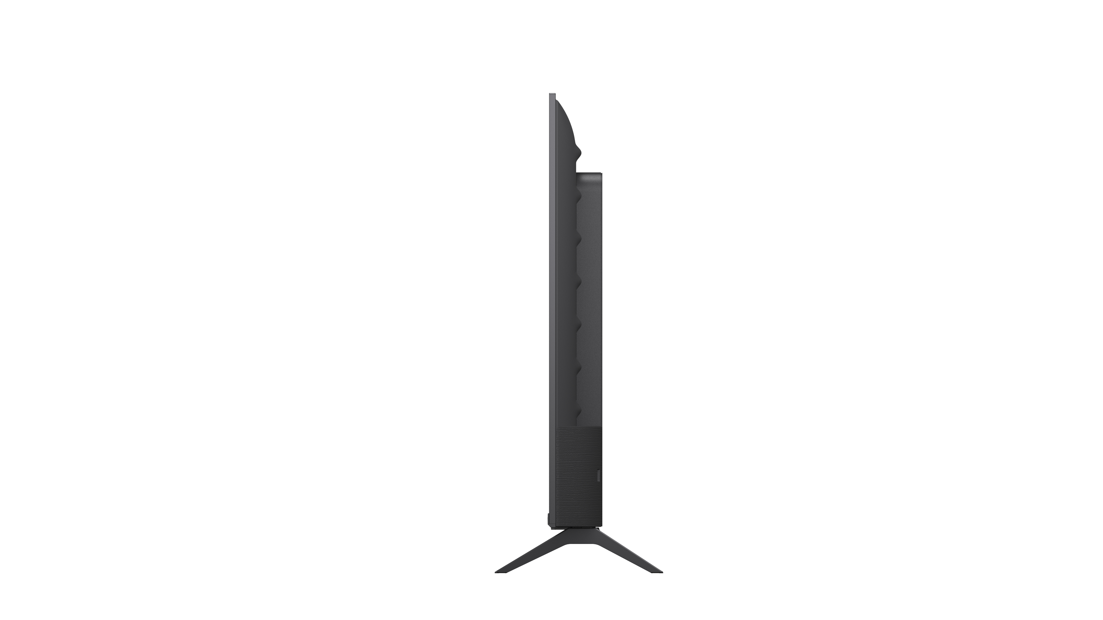 Ein schwarzer Fernseher mit einem schmalen Standfuß, von der Seite gesehen.
