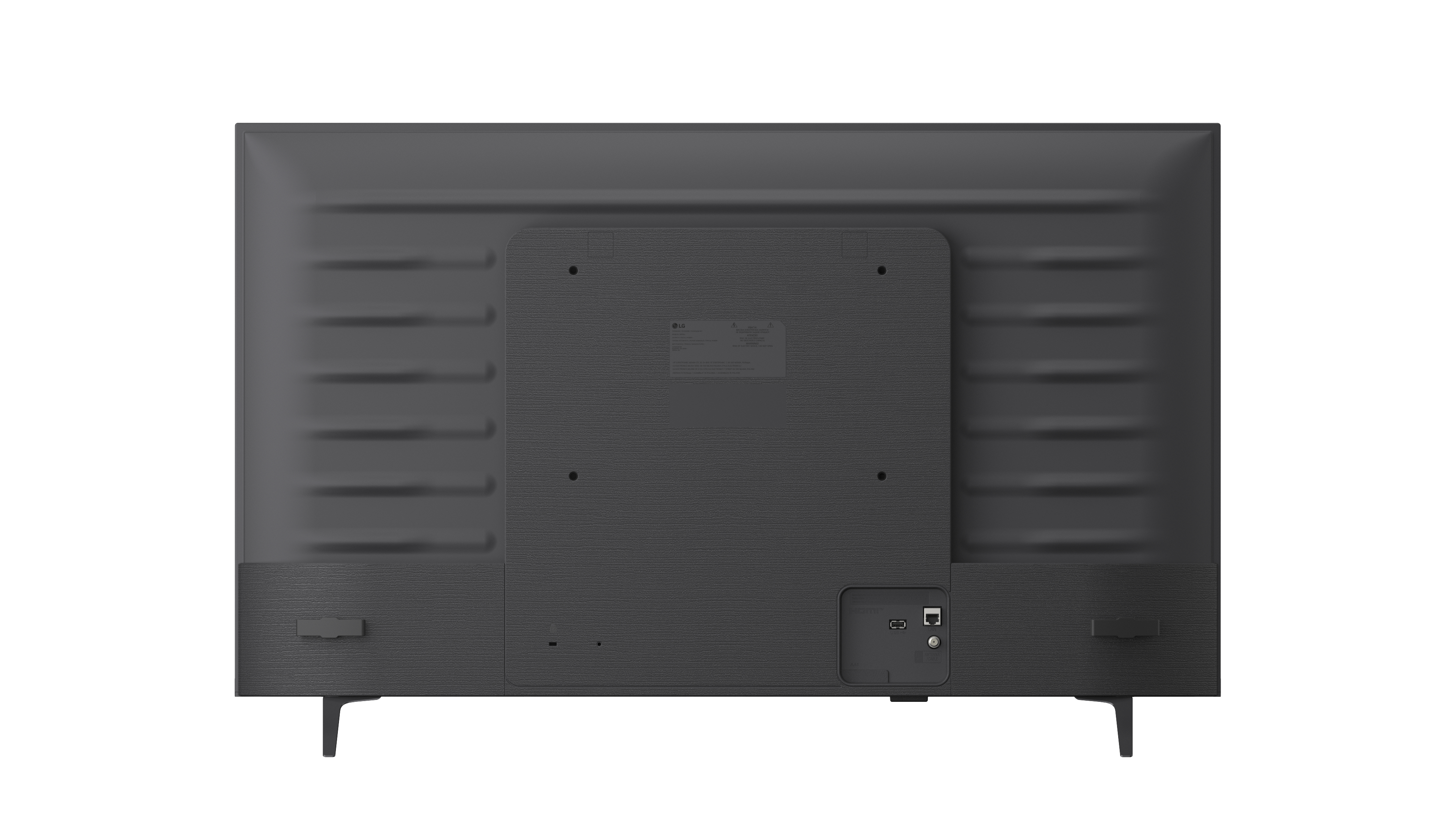 Rückseite eines schwarzen LG-Fernsehers mit Anschlüssen und Standfüßen.