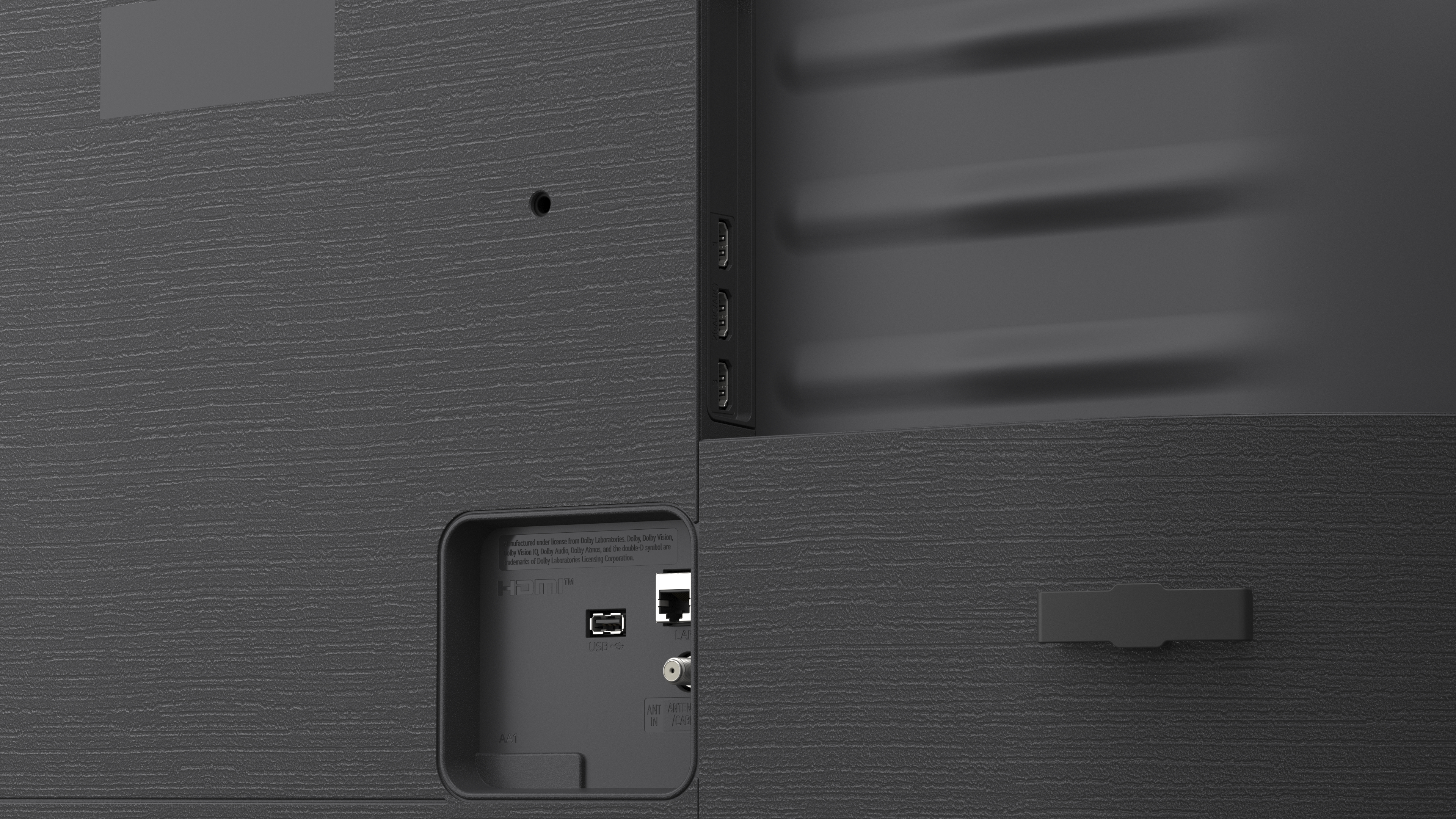 Rückseite eines Fernsehers mit Anschlüssen: HDMI, USB, LAN und Antenne.