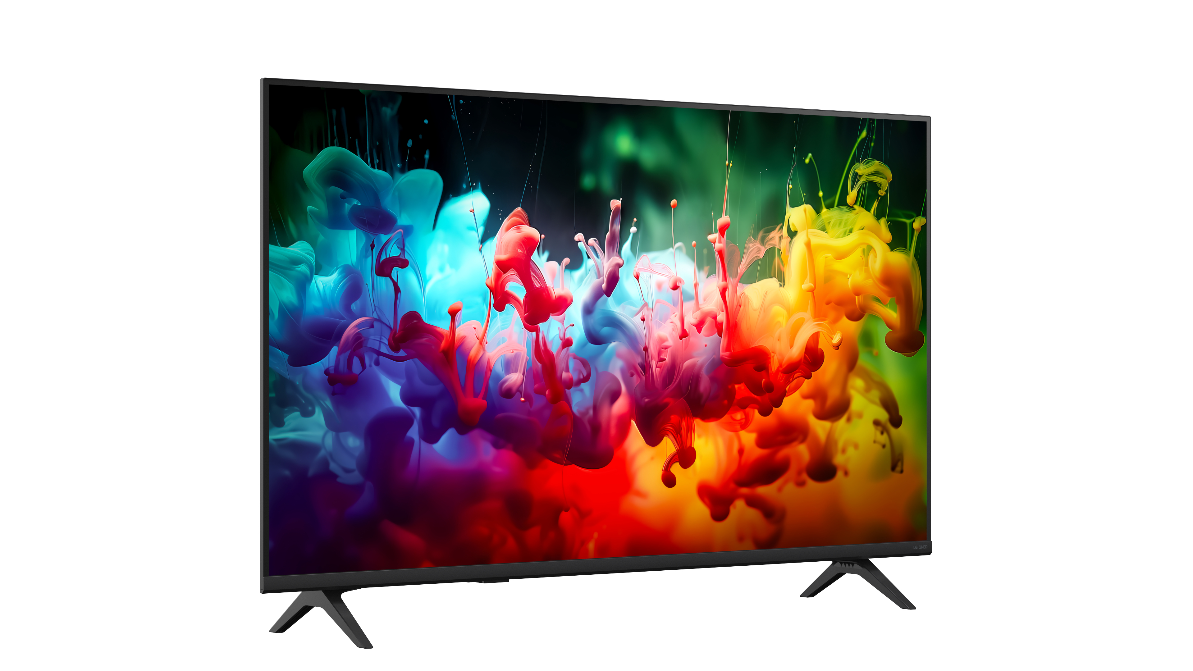 Ein schwarzer Fernseher mit buntem Rauch-Bildschirm auf einem weißen Hintergrund.