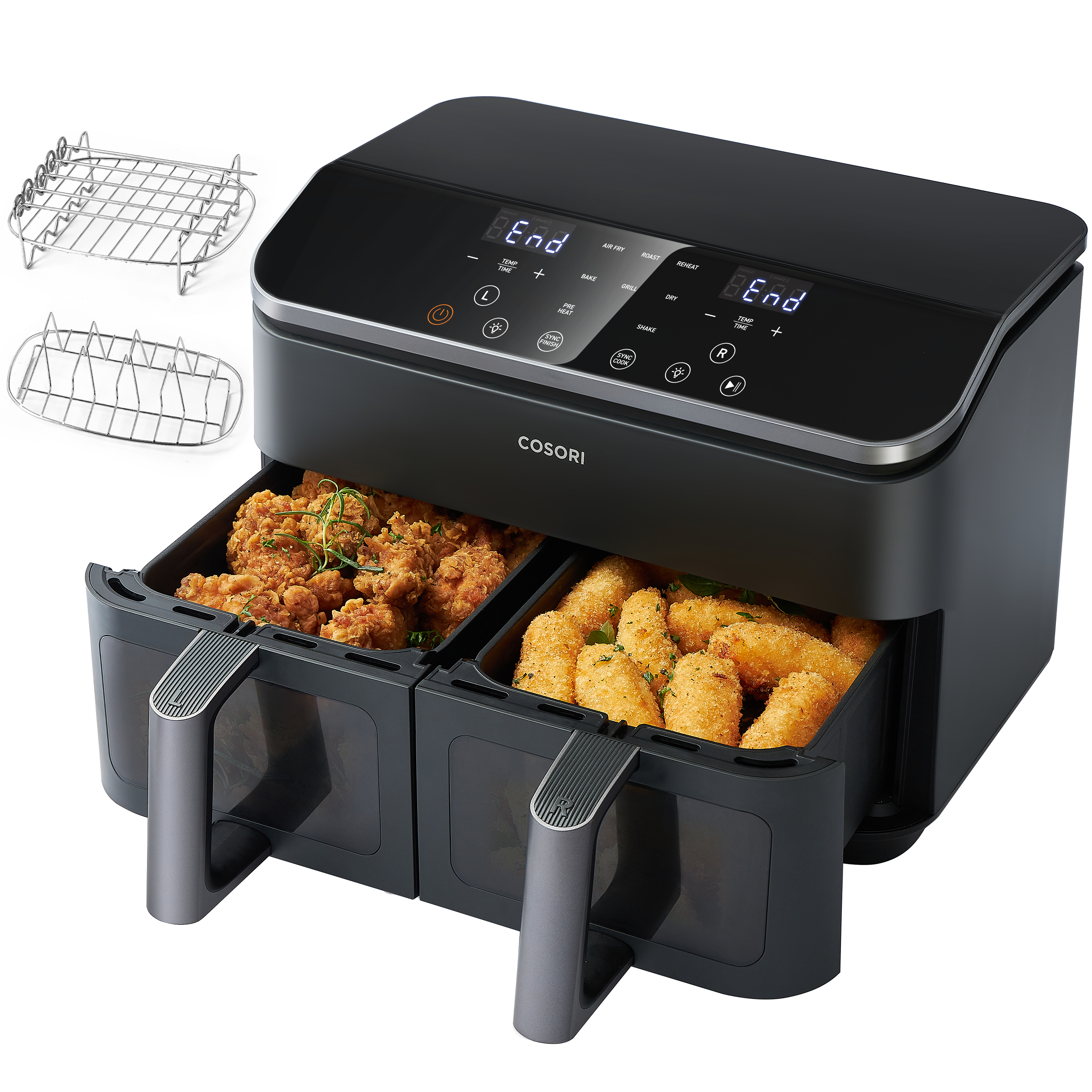 Doppel-Heißluftfritteuse mit zwei Körben, gefüllt mit knusprigem Essen.