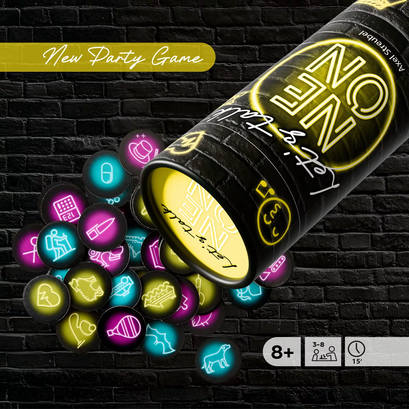 Neon ikonok hullanak ki egy 'ONE' feliratú csőből. Játék 8+, 3-8 fő, 15 perc.