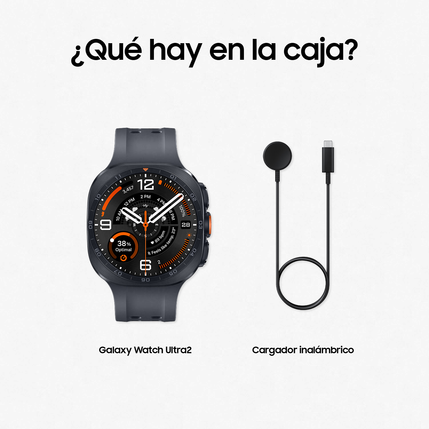 Un Galaxy Watch Ultra2 gris y un cargador inalámbrico negro con cable USB-C.
