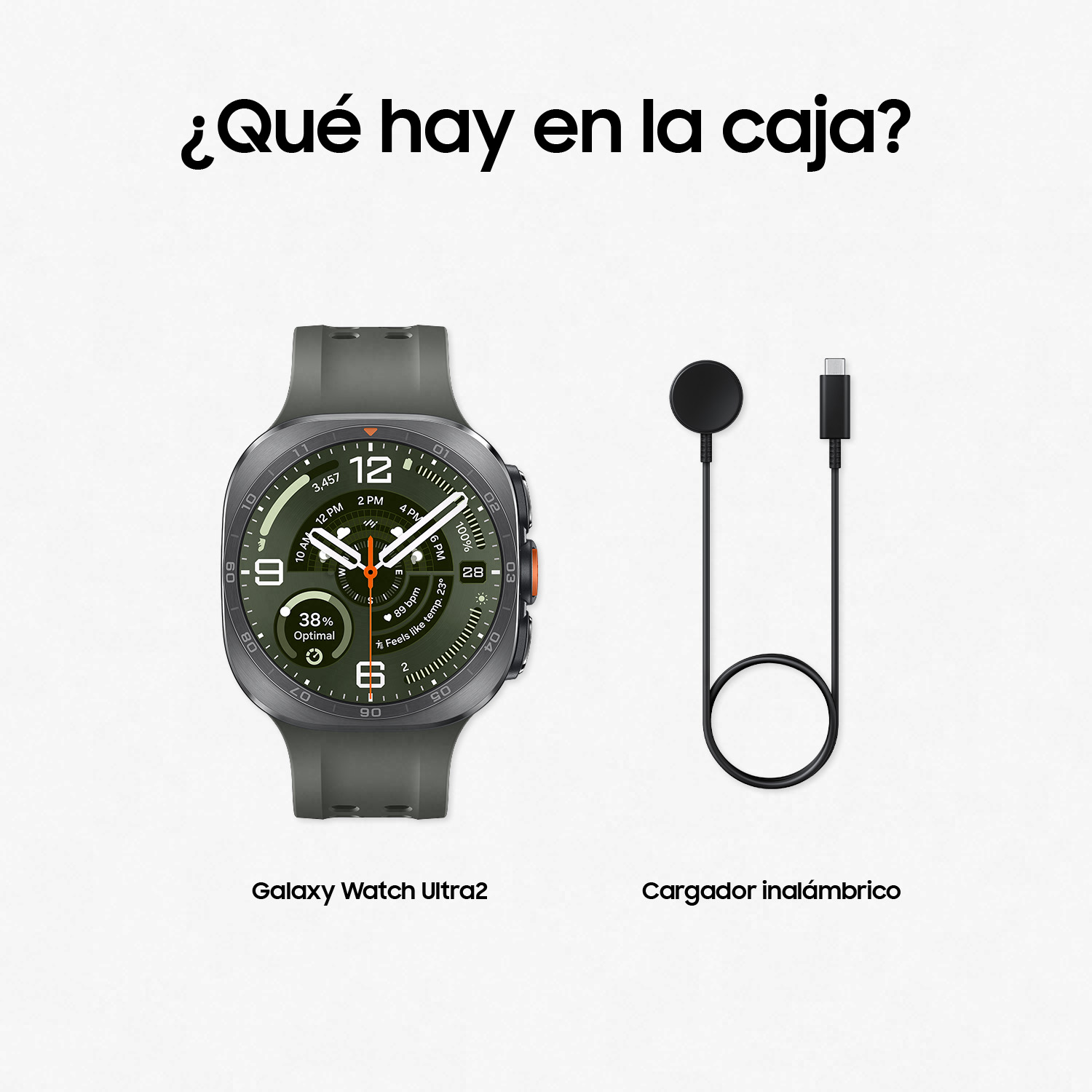 Un Galaxy Watch Ultra2 gris con cable y base de carga sobre fondo blanco.
