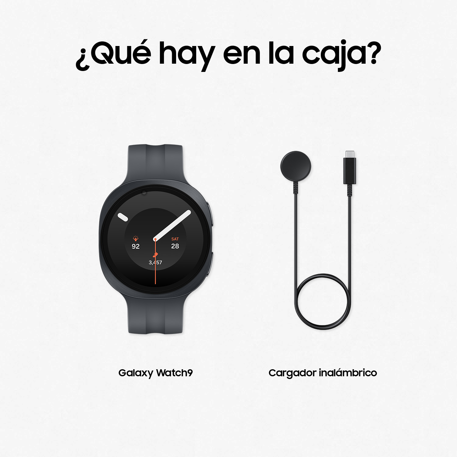 Galaxy Watch9 y cargador inalámbrico sobre fondo blanco.