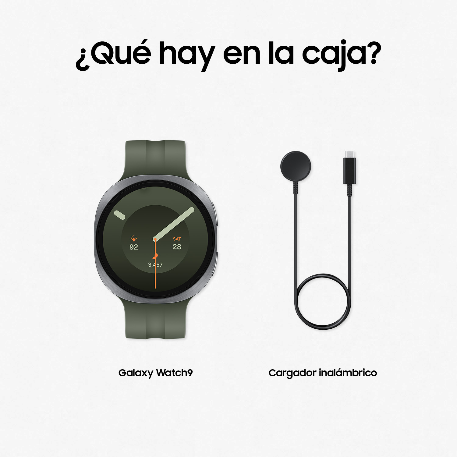 Galaxy Watch9 verde y cargador inalámbrico sobre fondo blanco.