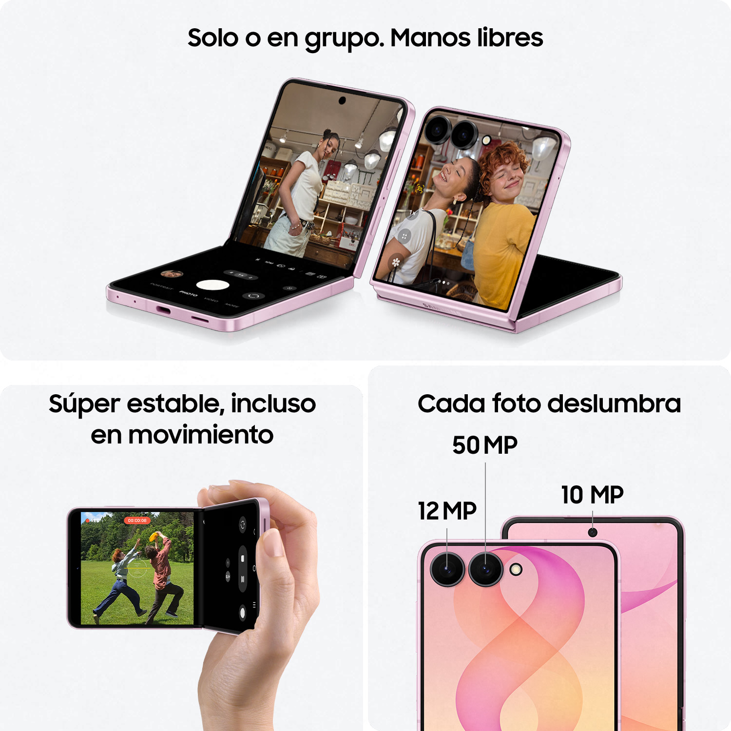 Un teléfono plegable rosa muestra fotos de personas y una cámara grabando video.