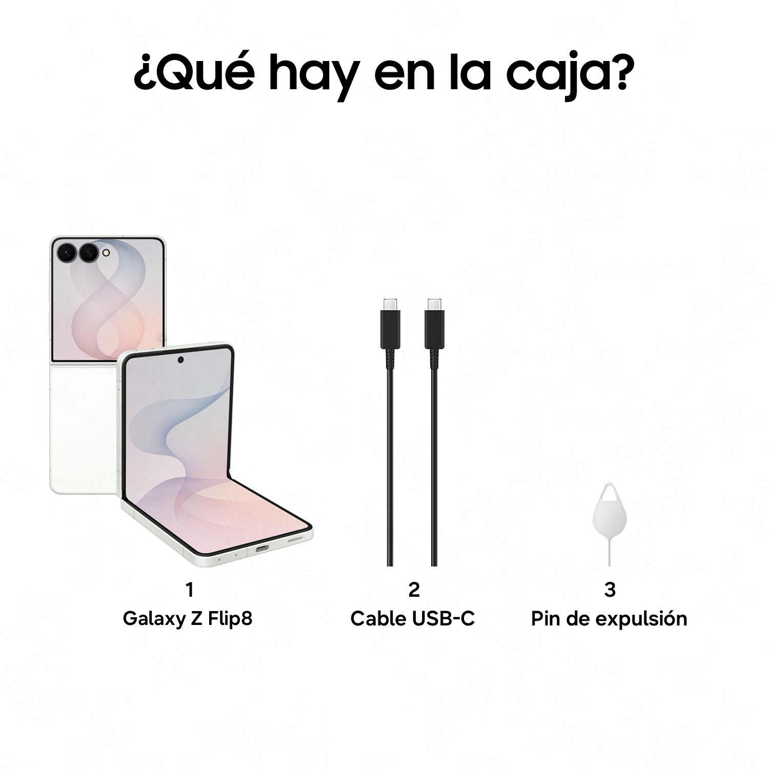 Un Galaxy Z Flip8, un cable USB-C y una herramienta de expulsión de SIM.
