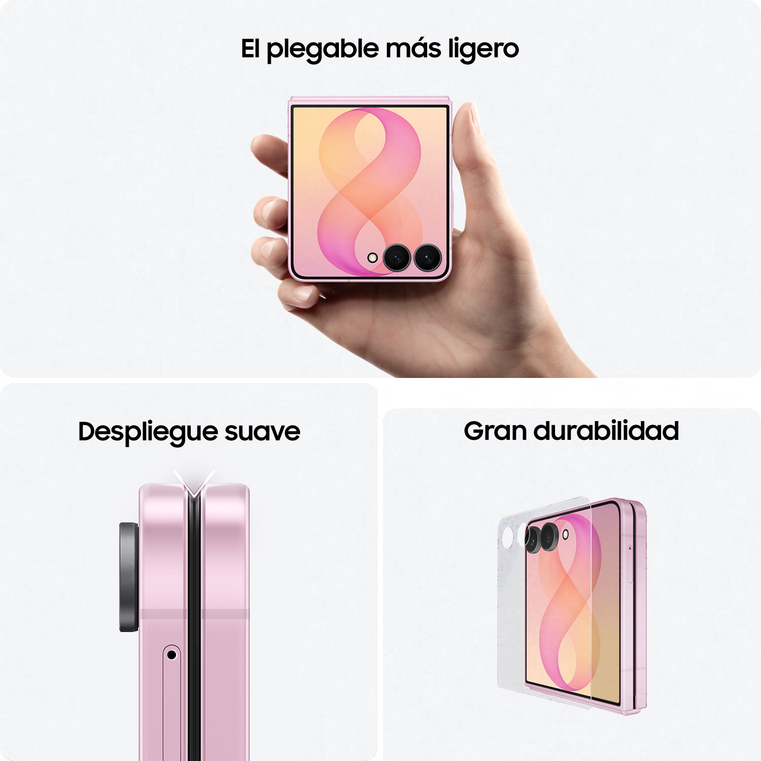 Una mano sostiene un smartphone plegable rosa con fondo rosa. Primer plano.
